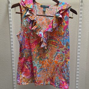 Ralph Lauren Vibrant Paisley Ruffle V-Neck Tank — Orange, Pink, Blue